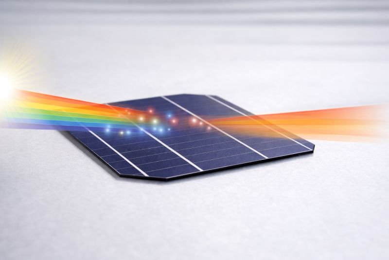 Illustration of visible light being absorbed by a silicon solar cell while longer-wavelength near-infrared light passes through, showing the effect of the semiconductor band gap.