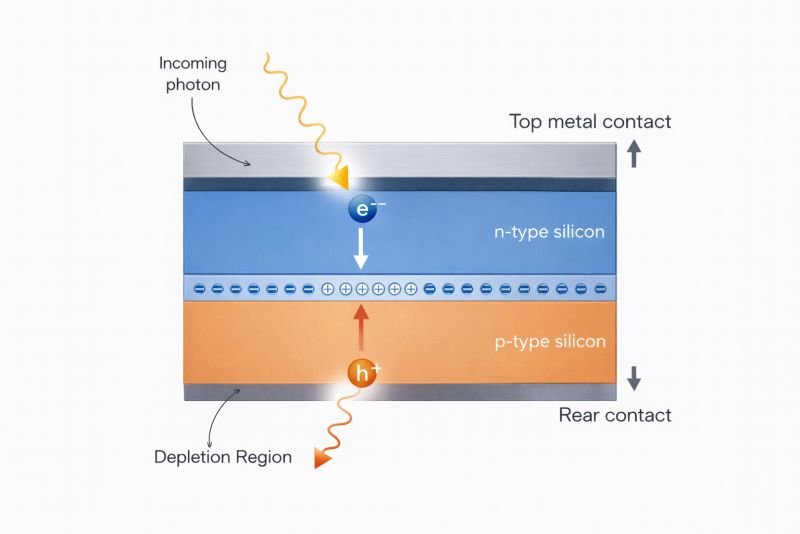 Cross-section diagram of a silicon p-n junction solar cell showing n-type and p-type layers, the depletion region, and separation of an electron-hole pair by the built-in electric field.