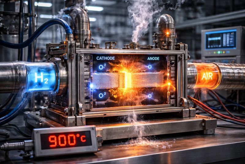 solid oxide fuel cell system operating at high temperature with ceramic electrolyte and oxygen ion conduction inside laboratory test setup