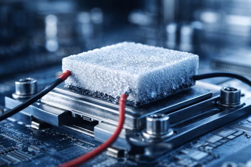Macro photograph of a thermoelectric Peltier cooling module attached to a CPU heat spreader with frost and condensation on the cold side, demonstrating solid-state thermoelectric cooling.
