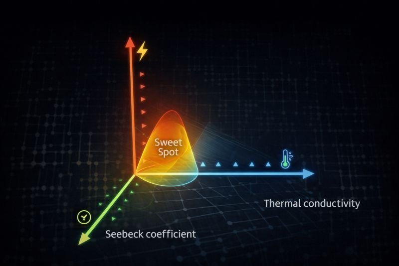 Scientific diagram illustrating the thermoelectric figure of merit (ZT) concept, showing the balance between electrical conductivity, Seebeck coefficient, and thermal conductivity with an optimal performance region.
