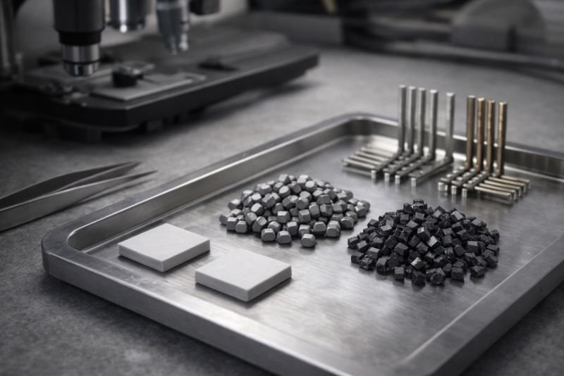 Close-up laboratory scene showing thermoelectric material pellets and module legs on a precision tray with tweezers and ceramic substrates, illustrating materials used in thermoelectric devices.