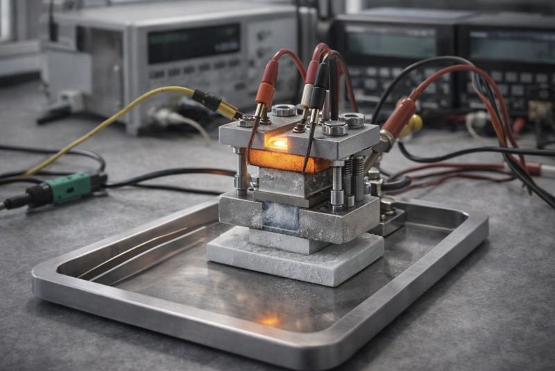 Laboratory thermoelectric test bench with a material sample clamped between heated and cooled blocks, connected to probes and measurement instruments for temperature gradient analysis.