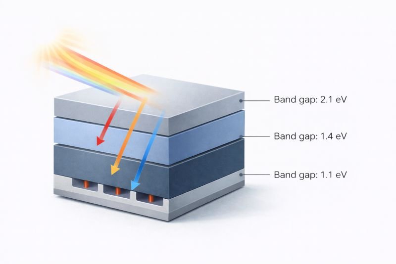 Schematic cross-section of a three-junction solar cell stack showing semiconductor layers with different band gaps absorbing different wavelengths of sunlight at different depths.