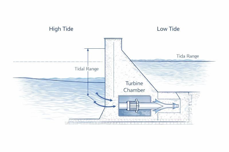 Technical cross-section diagram of a tidal barrage showing high tide and low tide water levels, turbine chamber inside the dam, and water flow through the system.