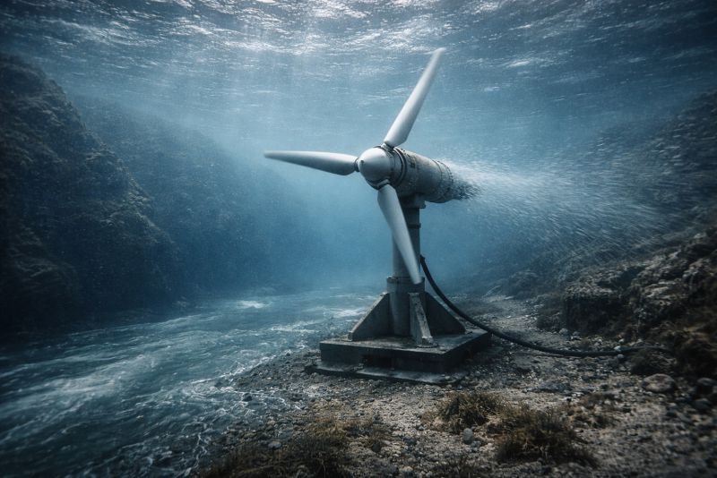 Underwater tidal current turbine installed on the seabed in a narrow channel, with fast-moving water and suspended particles showing flow dynamics.