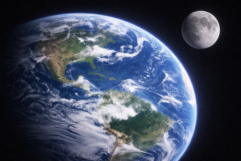 Partial view of Earth from space with the Moon nearby, showing natural ocean distribution and subtle tidal bulge effects without visible distortion of planetary shape.