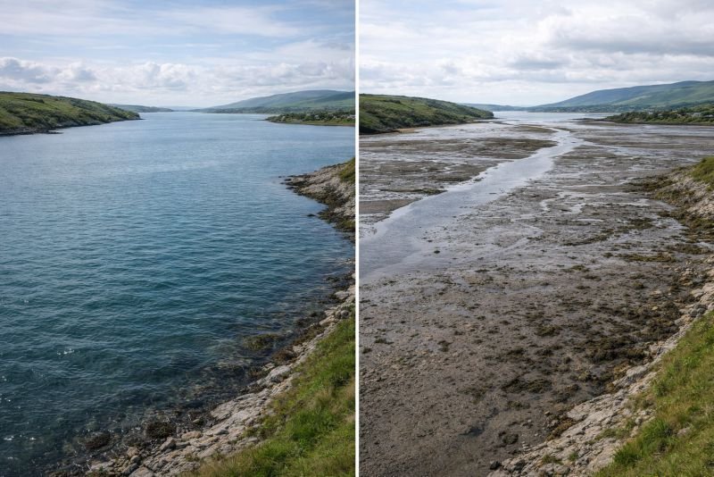 Side-by-side view of a coastal estuary at high tide and low tide, showing large differences in water level and exposed shoreline.