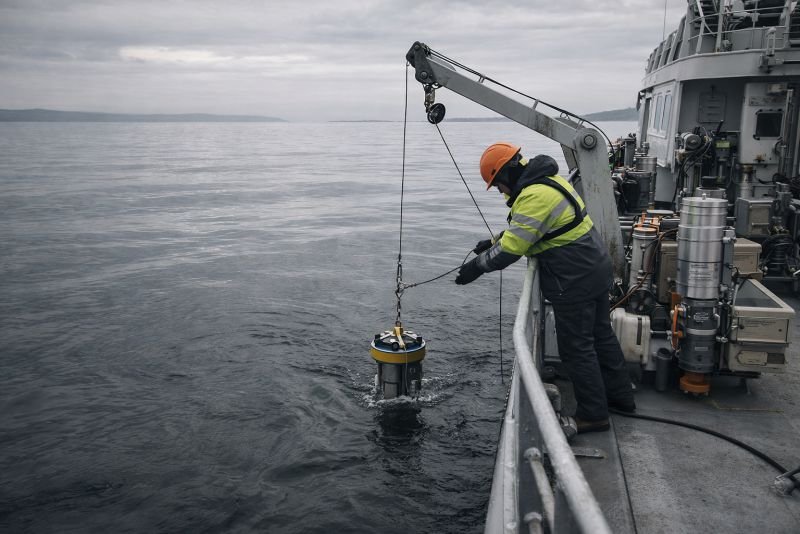 Marine survey vessel deploying acoustic Doppler current profiler equipment to measure tidal currents and water flow at a potential tidal energy site.