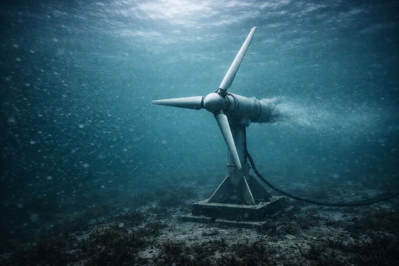 Underwater horizontal-axis tidal turbine with a single three-blade rotor mounted on the seabed, generating power from ocean currents.