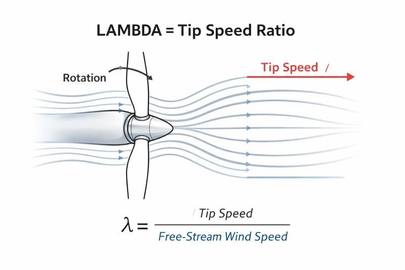 Technical diagram showing relationship between wind speed and blade tip speed in a wind turbine rotor illustrating tip speed ratio