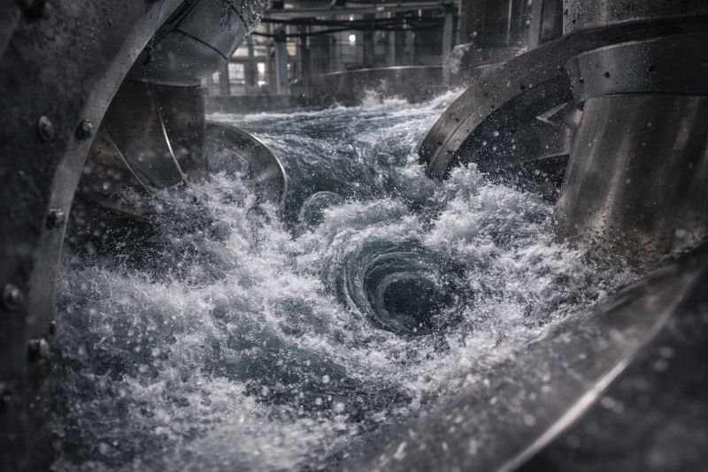 Churning turbulent water moving through hydro turbine passages around guide vanes inside an industrial powerhouse.