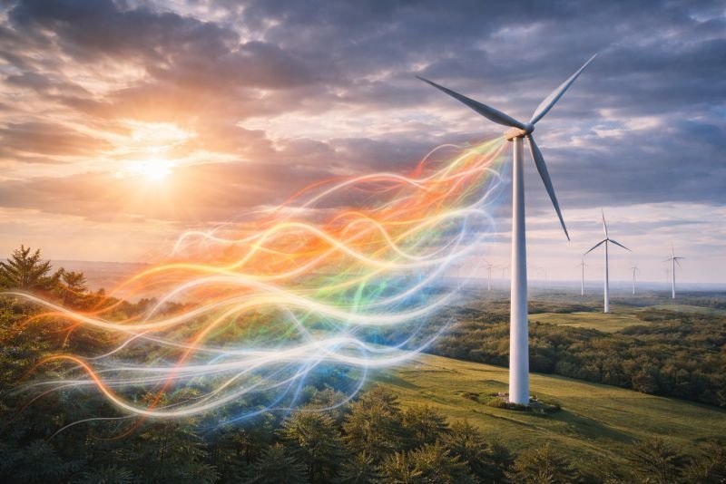 Visualization of turbulence intensity showing irregular wind flow patterns interacting with a wind turbine rotor