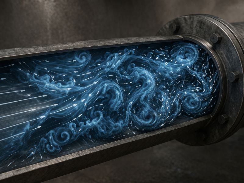 Close-up of turbulent water flow inside a dark steel penstock pipe, with swirling eddies and chaotic motion visible along the interior surface.