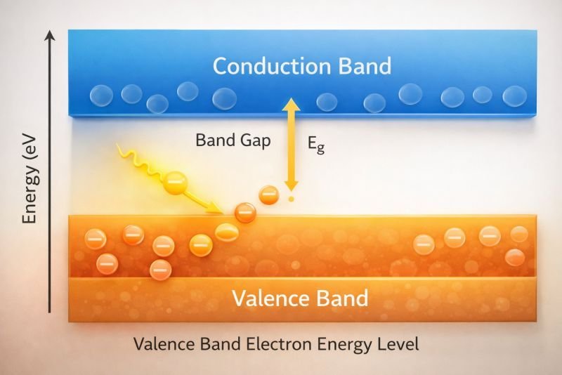 Valence band diagram showing electron energy levels and band gap between valence band and conduction band in a semiconductor