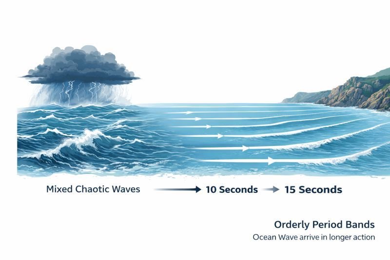 Diagram showing wave dispersion from a storm at sea, where chaotic waves separate into long-period and short-period waves, arriving at the coastline in organized bands.