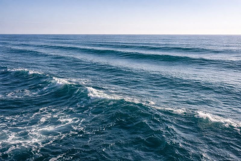 Open ocean scene showing long smooth swell waves traveling ahead of shorter choppy waves, illustrating wave dispersion in ocean swell.