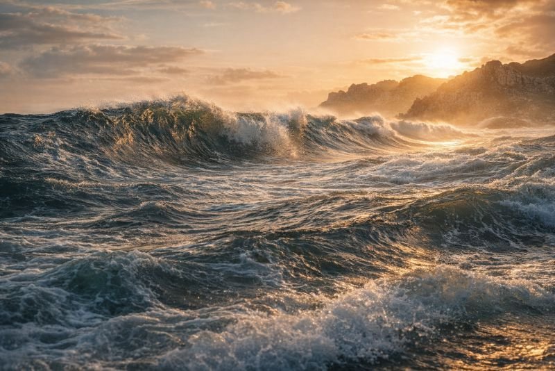 Large Atlantic ocean swells rolling toward a rocky coastline at dawn, illuminated by low golden sunlight, illustrating the power and scale of wave energy in natural conditions.