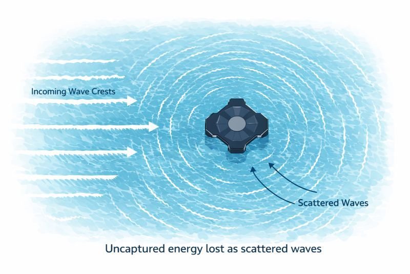 Top-down diagram of a floating wave energy converter showing incoming wave crests and scattered waves radiating outward, illustrating energy losses during wave power extraction.
