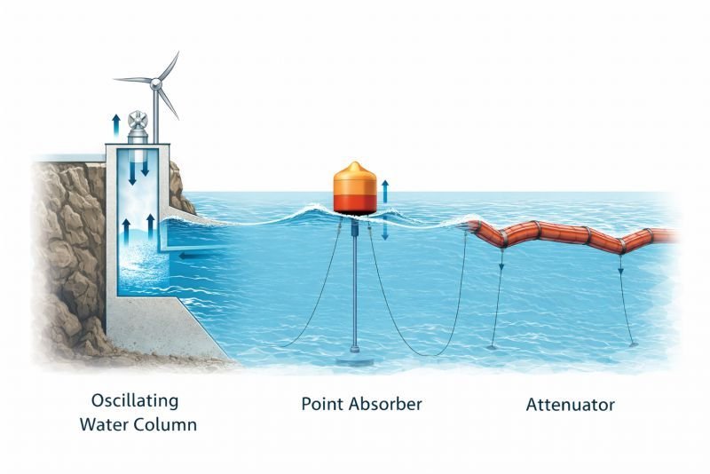Technical illustration comparing three wave energy converter types: oscillating water column, point absorber buoy, and attenuator device, shown in cross-section with ocean waves.