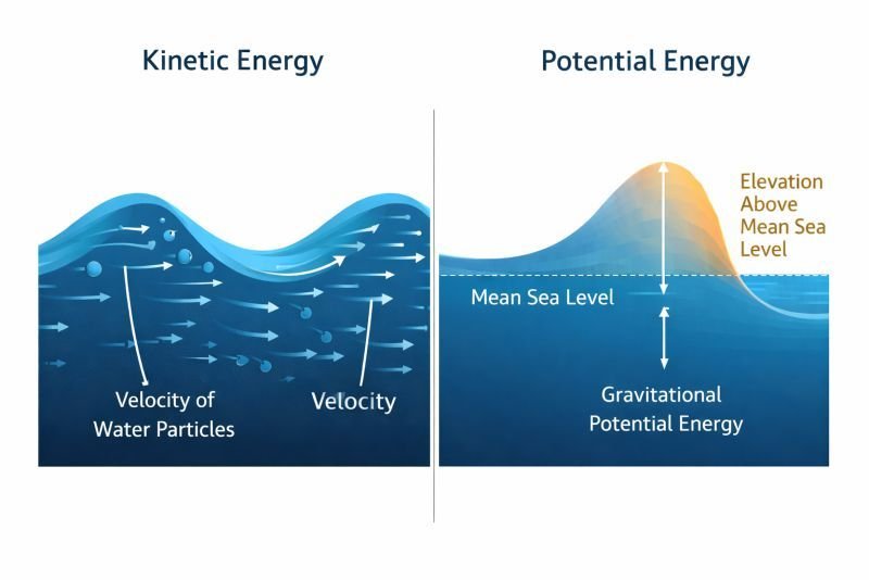 Split-panel diagram showing kinetic energy of water particle motion and potential energy from wave height above sea level, illustrating how ocean waves store and transfer energy.