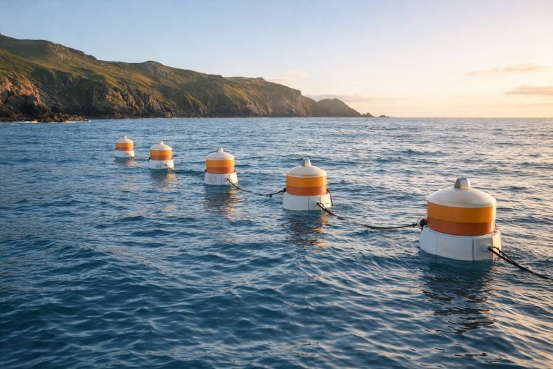 Nearshore wave energy array of point absorber buoys aligned parallel to a rugged Atlantic coastline, connected by cables and generating power from ocean waves.