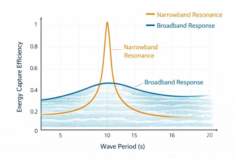 Engineering graph showing resonance response curves for a wave energy converter, comparing narrowband peak efficiency at a specific wave period with broader efficiency across multiple wave periods.