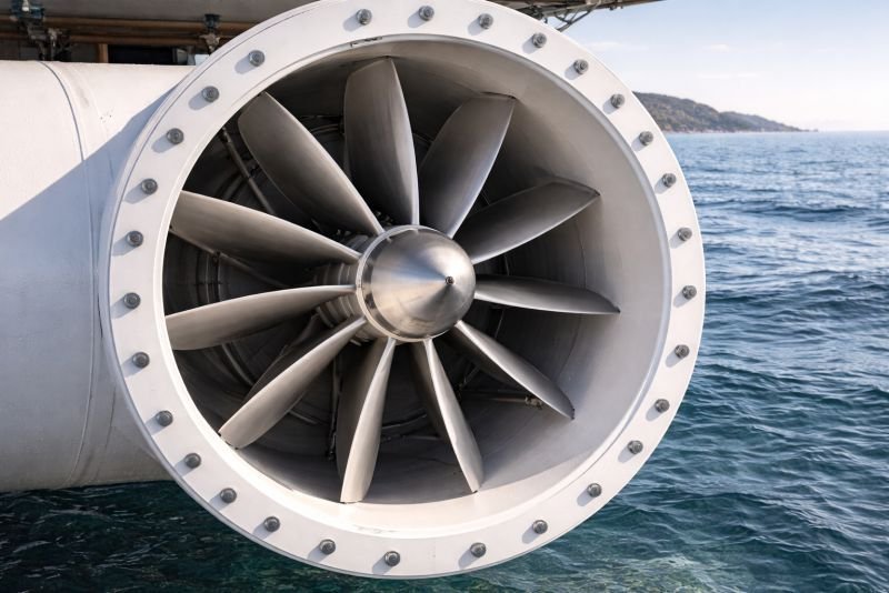 Close-up of a Wells turbine with symmetrical axial blades mounted in a wave energy duct above the sea, used to generate electricity from oscillating air flow.