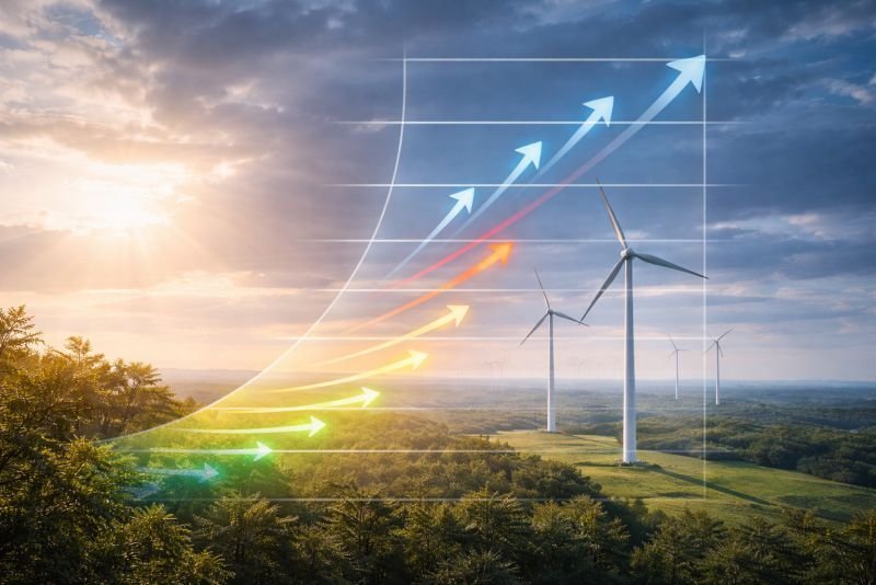 Illustration of wind shear profile showing wind speed increasing with height above a wind farm in the atmospheric boundary layer