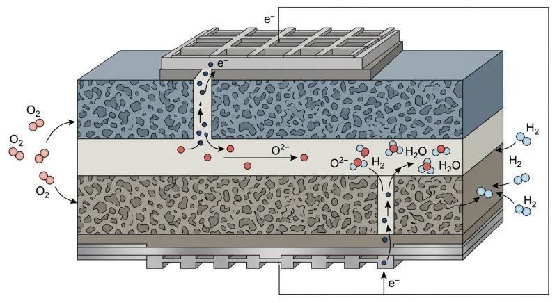 diagram of solid oxide fuel cell showing oxygen ion transport through yttria stabilized zirconia electrolyte between cathode and anode producing water and electric current