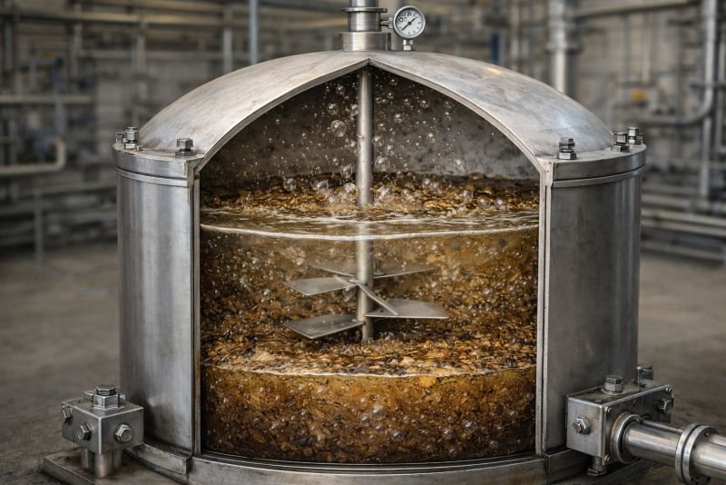 Sealed anaerobic digestion reactor containing layered biomass slurry with visible gas bubbles, shown in an industrial process environment to illustrate microbial conversion during acetogenesis.