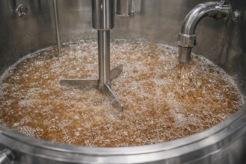 Anaerobic bioreactor with active microbial slurry and rising fermentation gas, illustrating acidogenesis in microbial metabolism inside an industrial vessel