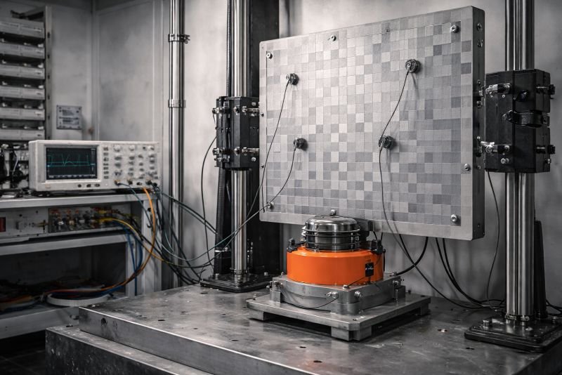 Laboratory vibration-control setup showing a treated structural panel with mounted sensors and an actuator, illustrating acoustic damping in a structural test environment.