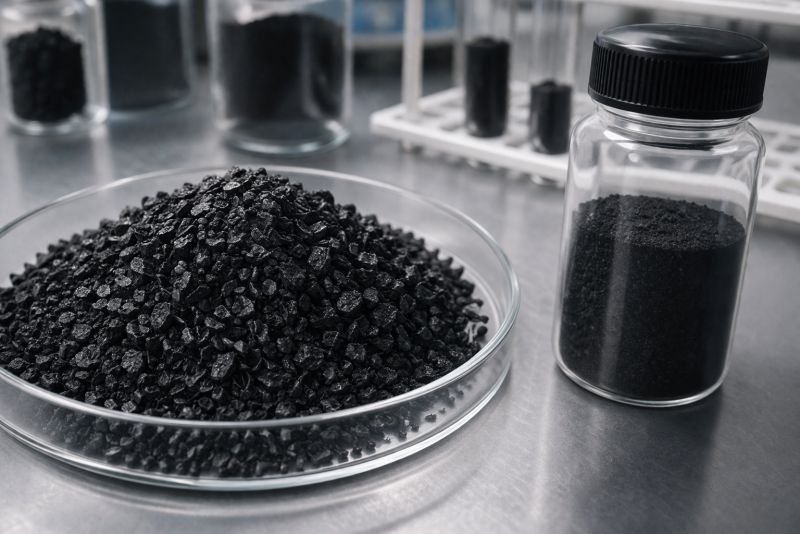 Laboratory scene showing activated carbon pellets beside a porous carbon electrode used in materials science and energy storage research