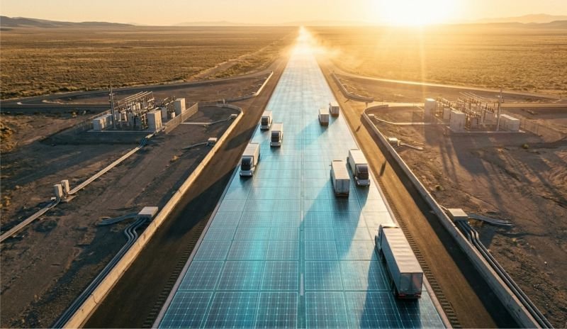 High-angle aerial photograph of a mature multi-lane active motorway at dawn. Fleet of autonomous trucks moves in synchronized convoys. Realistic documentary photography. Clear desert landscape.