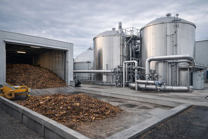 Modern anaerobic digestion facility with sealed stainless-steel digester tanks, process piping, and organic waste feedstock staged beside the receiving area at an industrial biogas plant.