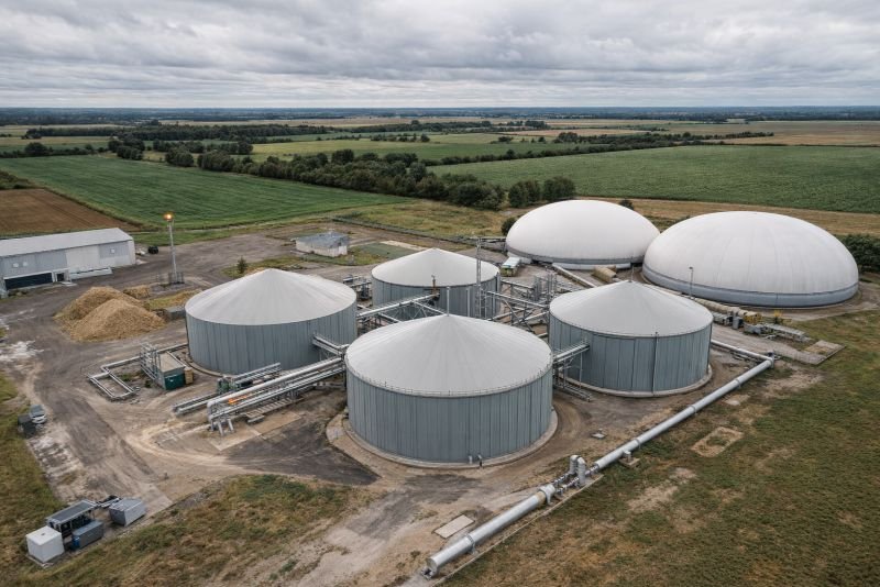 Aerial view of a large agricultural anaerobic digestion facility with multiple circular digester tanks, connecting pipelines, gas storage domes, and surrounding farmland under an overcast sky.