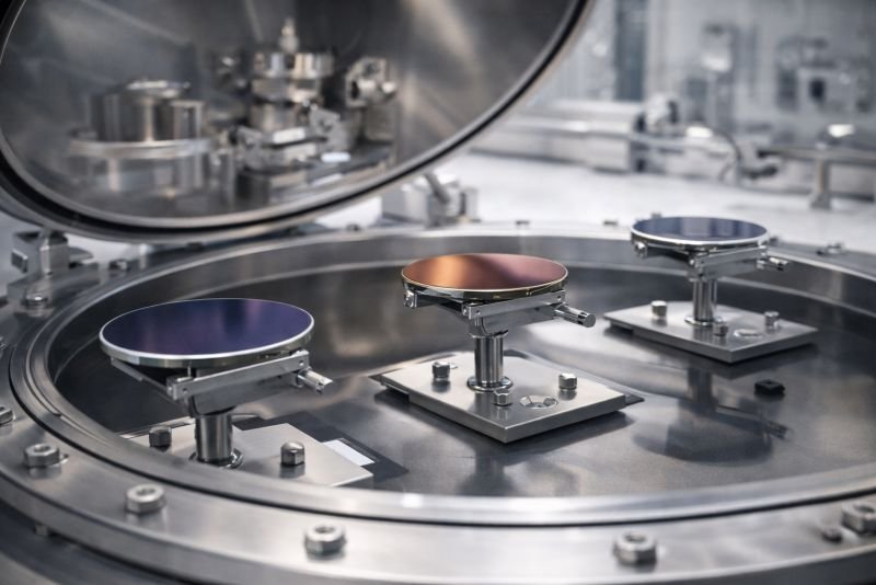 Atomic layer deposition chamber with precision sample holders and coated substrates in a cleanroom laboratory, illustrating ALD thin-film fabrication equipment.