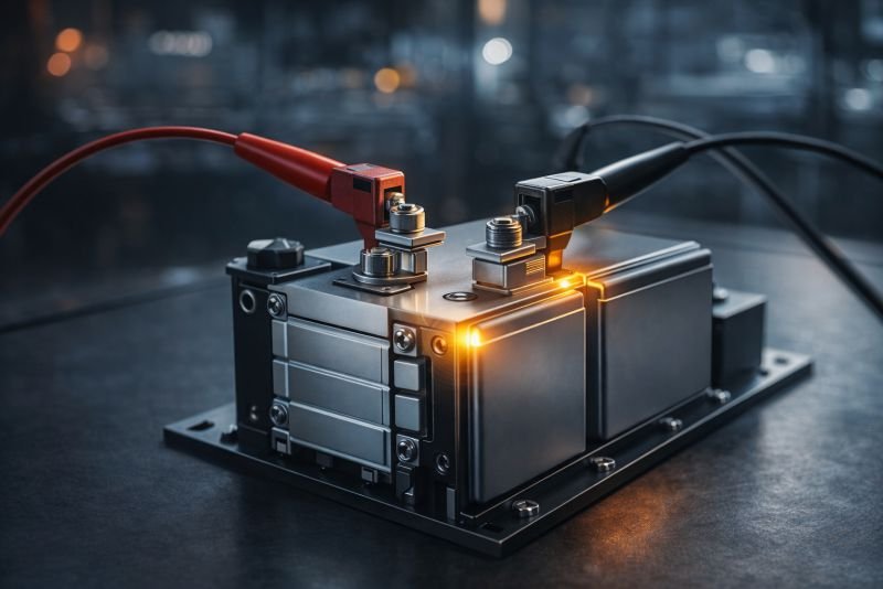 Photorealistic battery cell under laboratory test with positive and negative terminals connected in a clean futuristic engineering setting.