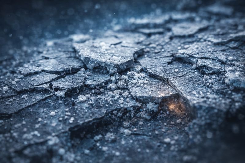 Macro close-up of a degraded lithium-ion battery electrode surface with visible cracking, flaking deposits, and SEI layer buildup.