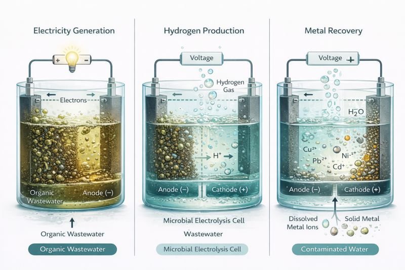 Triptych scientific diagram showing three bioelectrochemical applications: electricity generation from organic wastewater, hydrogen production in a microbial electrolysis cell, and dissolved metal ions deposited as solid metal at a cathode.