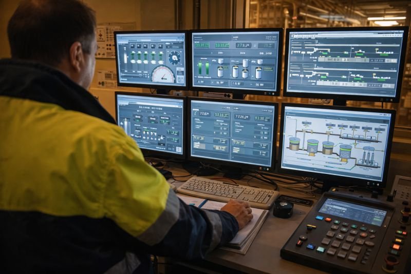 Control room inside a biogas plant with an operator monitoring process screens for digester conditions, gas flow, and system performance in an industrial setting.