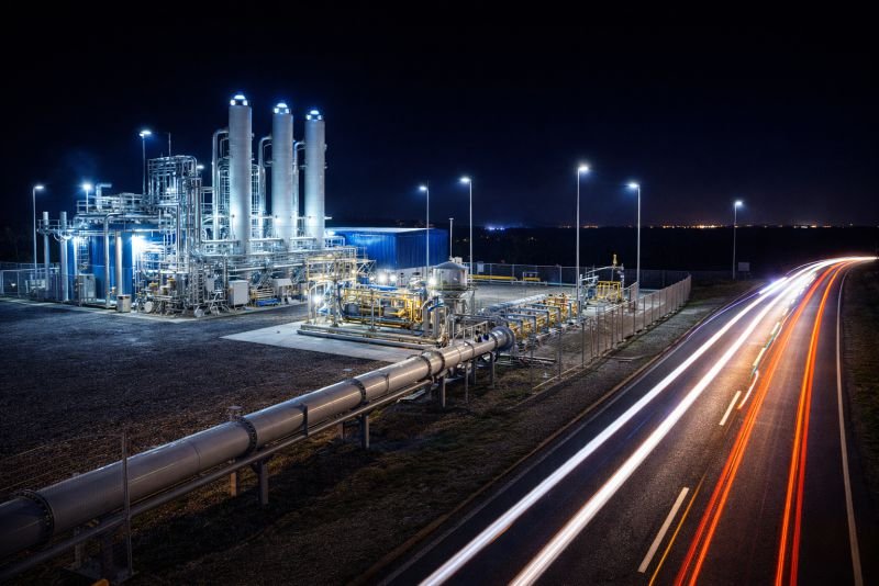 Night view of a modern biomethane upgrading plant with illuminated process towers, pipeline infrastructure, and a gas grid connection beside a nearby road.
