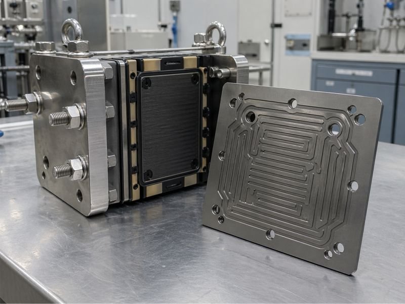 Close-up of a metallic bipolar plate removed from an electrochemical stack assembly, showing machined flow channels on a laboratory bench in an electrochemical engineering setting.