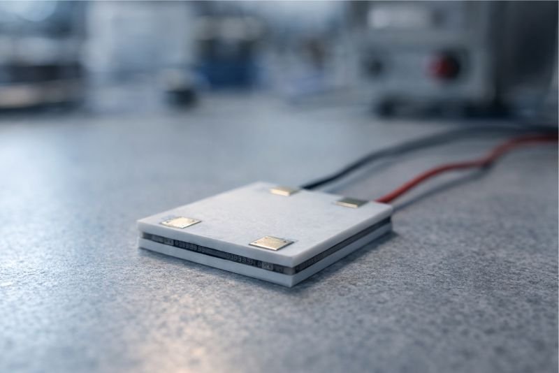 Close-up of a bismuth telluride thermoelectric module on a laboratory workbench used to illustrate square-meter energy output calculations.