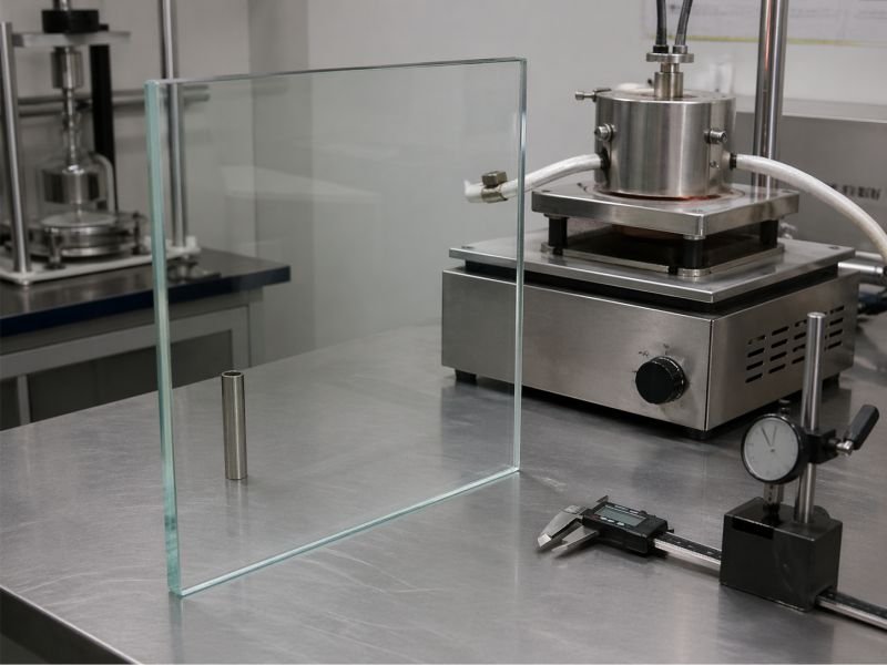 Thick transparent borosilicate glass panel on a materials science lab bench beside heated test hardware and a precision measuring setup.