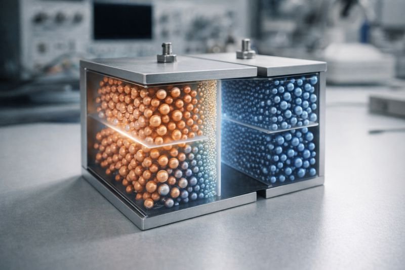 Technical laboratory scene showing a capacitor structure with separated positive and negative charge regions and a visible electrode interface, illustrating capacitance in physics and electronics