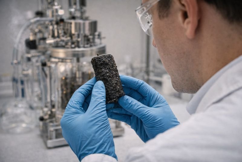 Laboratory scientist examining a carbon fiber electrode sample with a dark biofilm coating under bench lighting