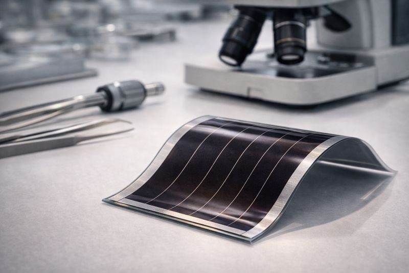 Flexible CIGS thin-film photovoltaic sample on a laboratory bench with microscope optics and fabrication tools, showing copper indium gallium selenide semiconductor coating on a lightweight substrate.