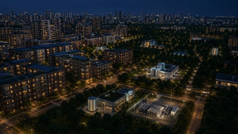 City district at night with multiple local energy nodes integrated among apartment buildings and parks.